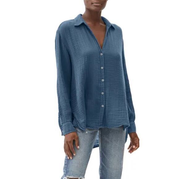 NWOT MICHAEL STARS Shirt L"Leo"Gauze Cotton Blue Curve-High-LowHem LongSl Btn-Up - Picture 1 of 9